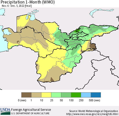 Central Asia Precipitation 1-Month (WMO) Thematic Map For 11/6/2022 - 12/5/2022