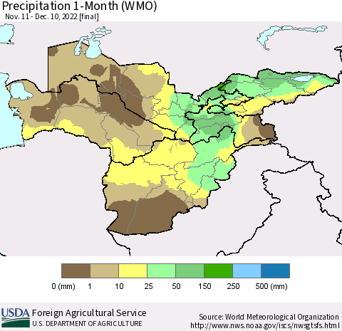 Central Asia Precipitation 1-Month (WMO) Thematic Map For 11/11/2022 - 12/10/2022