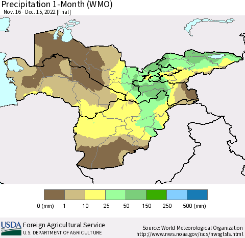 Central Asia Precipitation 1-Month (WMO) Thematic Map For 11/16/2022 - 12/15/2022