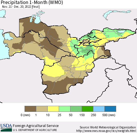 Central Asia Precipitation 1-Month (WMO) Thematic Map For 11/21/2022 - 12/20/2022