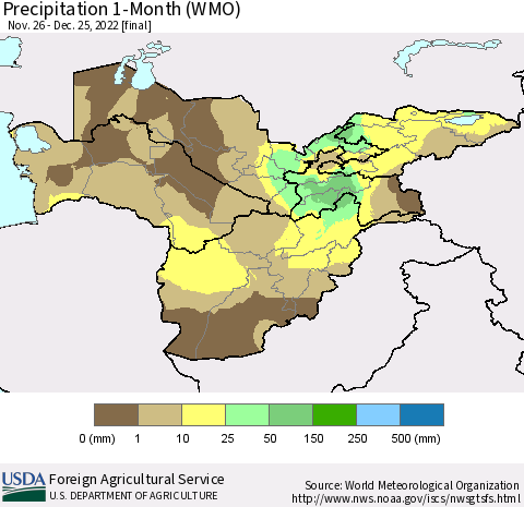 Central Asia Precipitation 1-Month (WMO) Thematic Map For 11/26/2022 - 12/25/2022