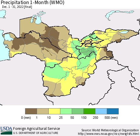 Central Asia Precipitation 1-Month (WMO) Thematic Map For 12/1/2022 - 12/31/2022