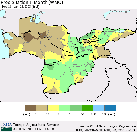 Central Asia Precipitation 1-Month (WMO) Thematic Map For 12/16/2022 - 1/15/2023