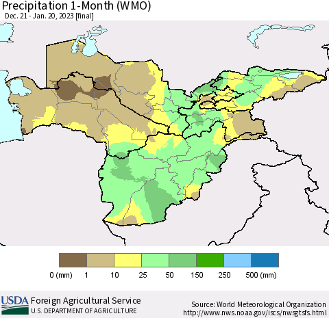 Central Asia Precipitation 1-Month (WMO) Thematic Map For 12/21/2022 - 1/20/2023