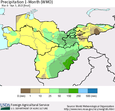 Central Asia Precipitation 1-Month (WMO) Thematic Map For 3/6/2023 - 4/5/2023