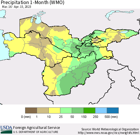 Central Asia Precipitation 1-Month (WMO) Thematic Map For 3/16/2023 - 4/15/2023