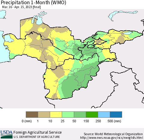 Central Asia Precipitation 1-Month (WMO) Thematic Map For 3/16/2023 - 4/15/2023