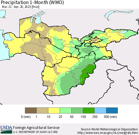 Central Asia Precipitation 1-Month (WMO) Thematic Map For 3/21/2023 - 4/20/2023