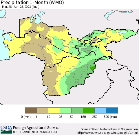 Central Asia Precipitation 1-Month (WMO) Thematic Map For 3/26/2023 - 4/25/2023
