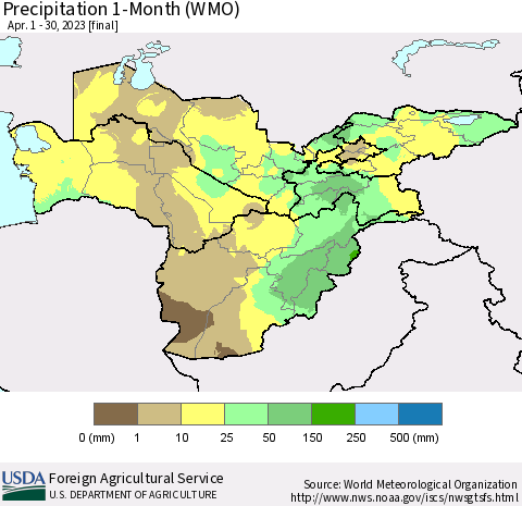 Central Asia Precipitation 1-Month (WMO) Thematic Map For 4/1/2023 - 4/30/2023