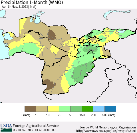 Central Asia Precipitation 1-Month (WMO) Thematic Map For 4/6/2023 - 5/5/2023