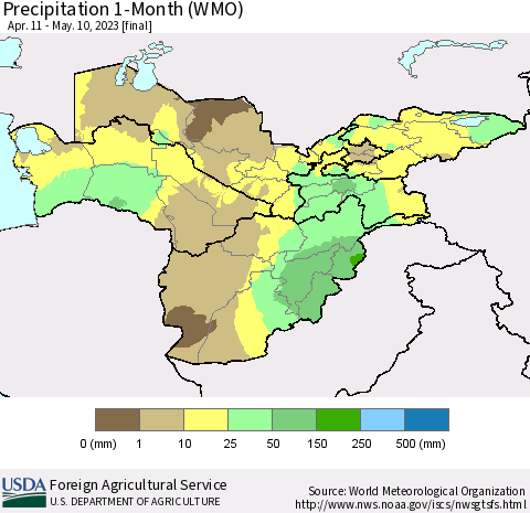 Central Asia Precipitation 1-Month (WMO) Thematic Map For 4/11/2023 - 5/10/2023