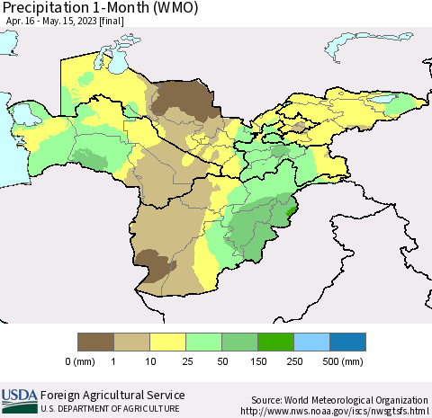 Central Asia Precipitation 1-Month (WMO) Thematic Map For 4/16/2023 - 5/15/2023