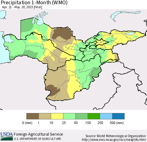 Central Asia Precipitation 1-Month (WMO) Thematic Map For 4/21/2023 - 5/20/2023