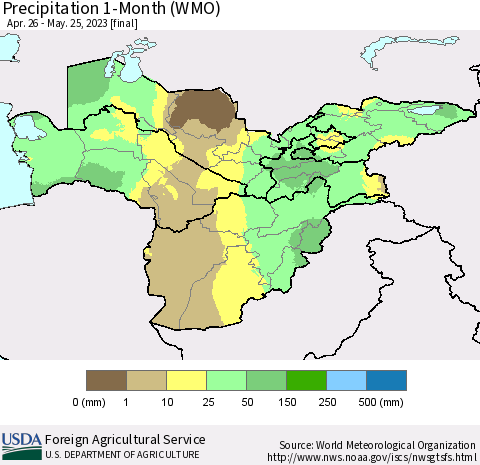 Central Asia Precipitation 1-Month (WMO) Thematic Map For 4/26/2023 - 5/25/2023