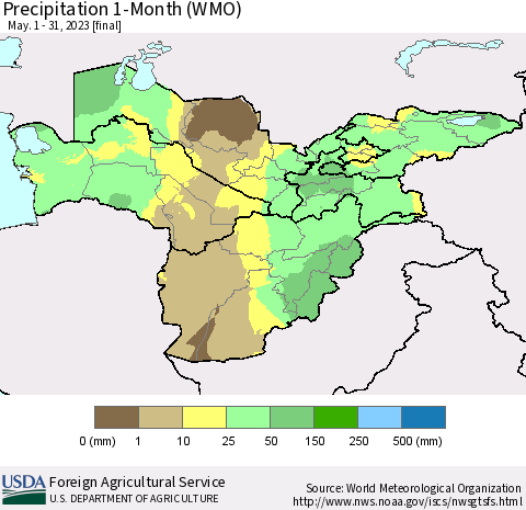 Central Asia Precipitation 1-Month (WMO) Thematic Map For 5/1/2023 - 5/31/2023