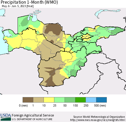 Central Asia Precipitation 1-Month (WMO) Thematic Map For 5/6/2023 - 6/5/2023