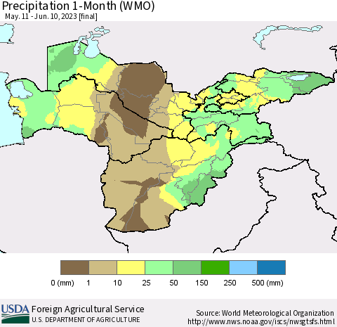 Central Asia Precipitation 1-Month (WMO) Thematic Map For 5/11/2023 - 6/10/2023
