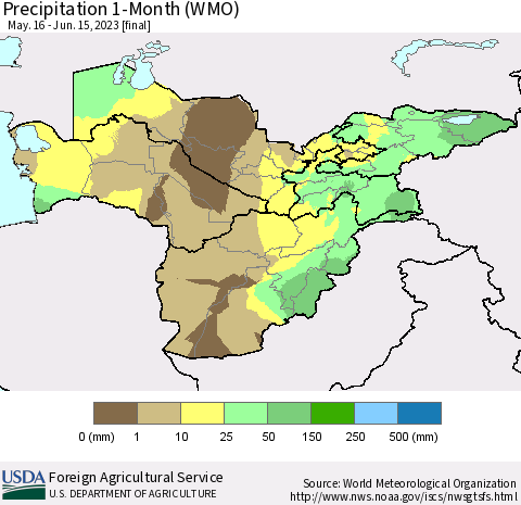 Central Asia Precipitation 1-Month (WMO) Thematic Map For 5/16/2023 - 6/15/2023