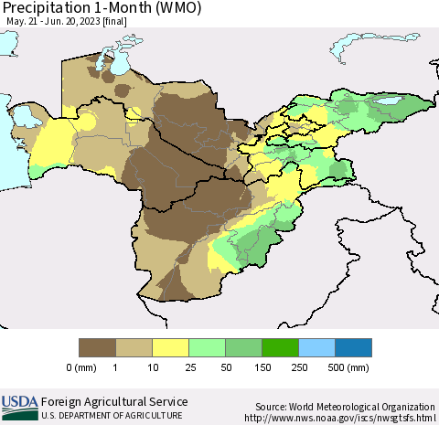 Central Asia Precipitation 1-Month (WMO) Thematic Map For 5/21/2023 - 6/20/2023