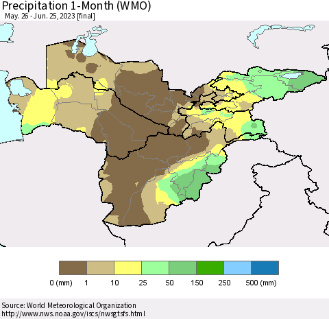 Central Asia Precipitation 1-Month (WMO) Thematic Map For 5/26/2023 - 6/25/2023