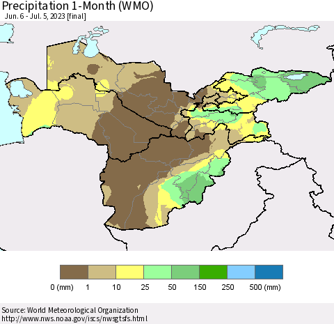 Central Asia Precipitation 1-Month (WMO) Thematic Map For 6/6/2023 - 7/5/2023