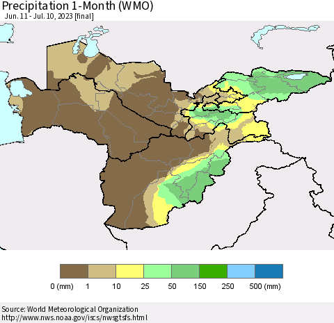 Central Asia Precipitation 1-Month (WMO) Thematic Map For 6/11/2023 - 7/10/2023