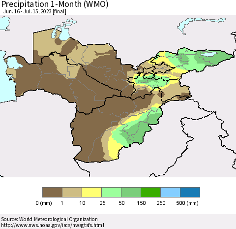 Central Asia Precipitation 1-Month (WMO) Thematic Map For 6/16/2023 - 7/15/2023