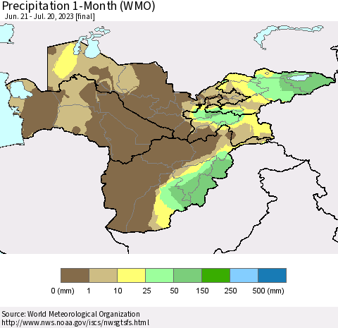 Central Asia Precipitation 1-Month (WMO) Thematic Map For 6/21/2023 - 7/20/2023