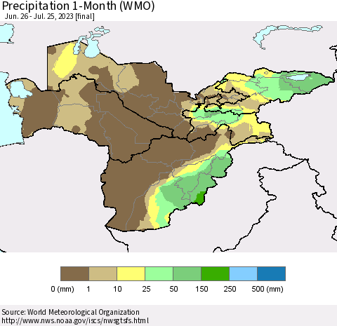 Central Asia Precipitation 1-Month (WMO) Thematic Map For 6/26/2023 - 7/25/2023