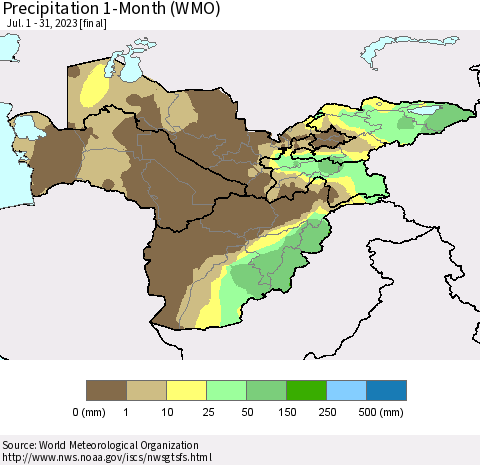 Central Asia Precipitation 1-Month (WMO) Thematic Map For 7/1/2023 - 7/31/2023