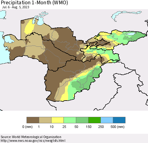 Central Asia Precipitation 1-Month (WMO) Thematic Map For 7/6/2023 - 8/5/2023