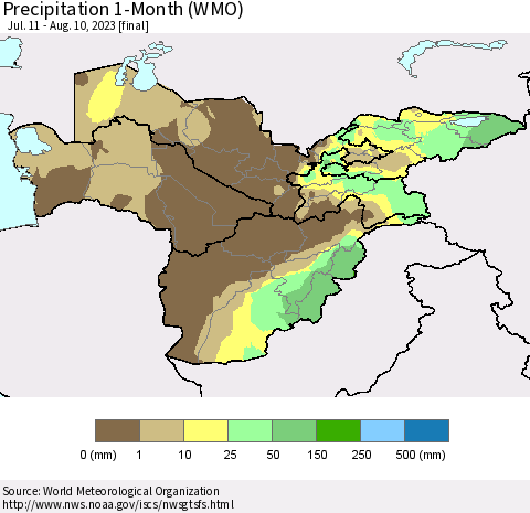 Central Asia Precipitation 1-Month (WMO) Thematic Map For 7/11/2023 - 8/10/2023