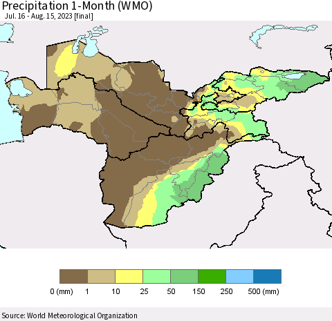 Central Asia Precipitation 1-Month (WMO) Thematic Map For 7/16/2023 - 8/15/2023