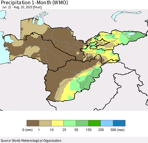Central Asia Precipitation 1-Month (WMO) Thematic Map For 7/21/2023 - 8/20/2023