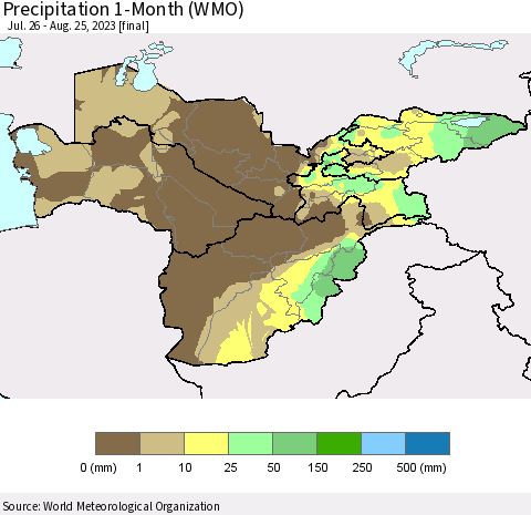 Central Asia Precipitation 1-Month (WMO) Thematic Map For 7/26/2023 - 8/25/2023