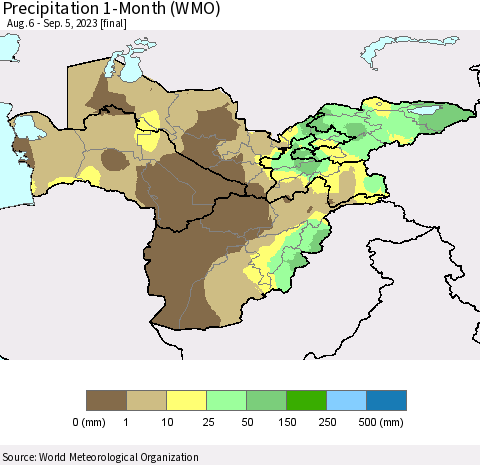 Central Asia Precipitation 1-Month (WMO) Thematic Map For 8/6/2023 - 9/5/2023