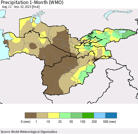 Central Asia Precipitation 1-Month (WMO) Thematic Map For 8/11/2023 - 9/10/2023