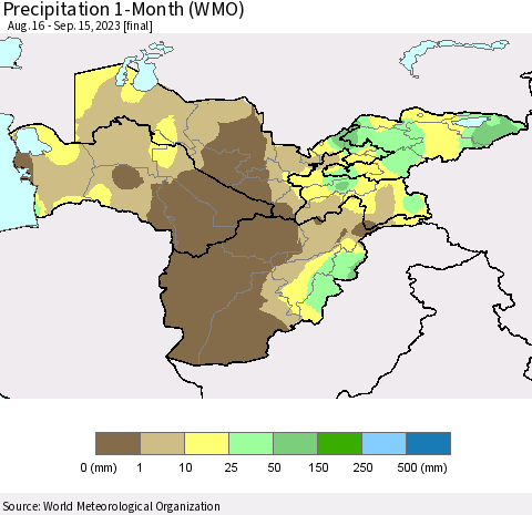 Central Asia Precipitation 1-Month (WMO) Thematic Map For 8/16/2023 - 9/15/2023