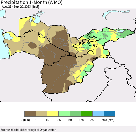 Central Asia Precipitation 1-Month (WMO) Thematic Map For 8/21/2023 - 9/20/2023