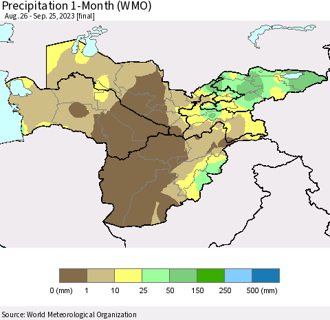 Central Asia Precipitation 1-Month (WMO) Thematic Map For 8/26/2023 - 9/25/2023