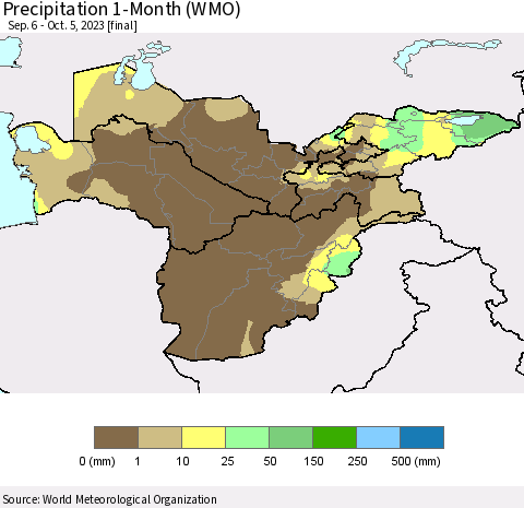 Central Asia Precipitation 1-Month (WMO) Thematic Map For 9/6/2023 - 10/5/2023