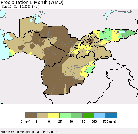 Central Asia Precipitation 1-Month (WMO) Thematic Map For 9/11/2023 - 10/10/2023
