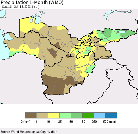 Central Asia Precipitation 1-Month (WMO) Thematic Map For 9/16/2023 - 10/15/2023