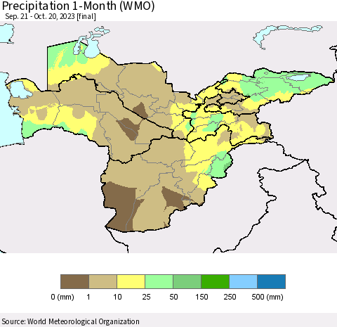 Central Asia Precipitation 1-Month (WMO) Thematic Map For 9/21/2023 - 10/20/2023