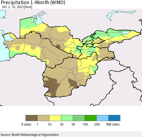 Central Asia Precipitation 1-Month (WMO) Thematic Map For 10/1/2023 - 10/31/2023
