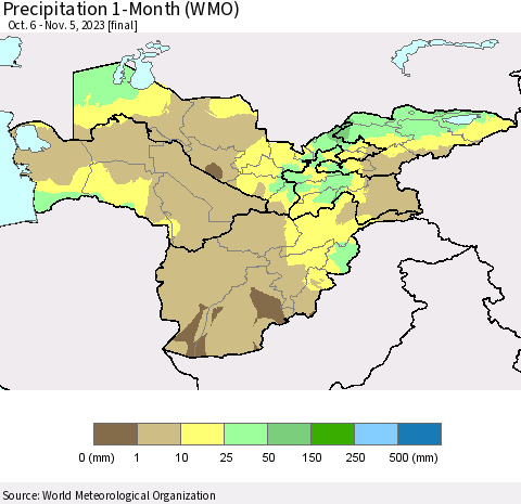 Central Asia Precipitation 1-Month (WMO) Thematic Map For 10/6/2023 - 11/5/2023