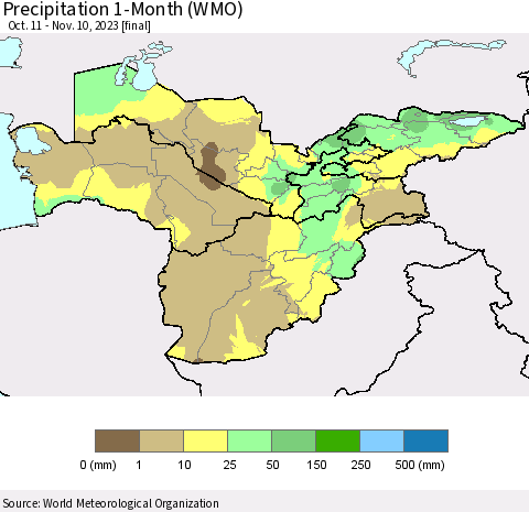 Central Asia Precipitation 1-Month (WMO) Thematic Map For 10/11/2023 - 11/10/2023