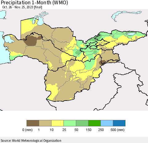 Central Asia Precipitation 1-Month (WMO) Thematic Map For 10/26/2023 - 11/25/2023