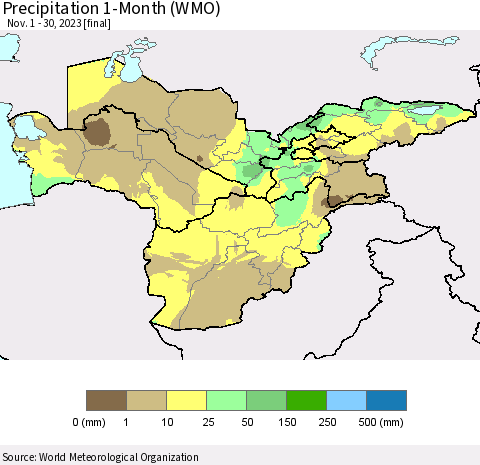 Central Asia Precipitation 1-Month (WMO) Thematic Map For 11/1/2023 - 11/30/2023